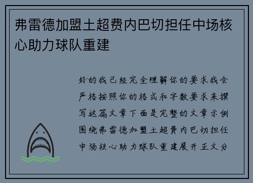 弗雷德加盟土超费内巴切担任中场核心助力球队重建
