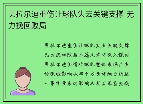 贝拉尔迪重伤让球队失去关键支撑 无力挽回败局
